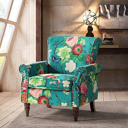 HULALA HOME Traditional Floral Accent Chair with Solid Wood Legs, Blue | Comfy Upholstered Armchair Reading Chair with Rolled Armrests, Nailhead Trim, Removable Cushion, for Living Room Bedroom - color: Blue