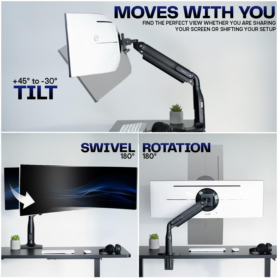 VIVO Aluminum Ultrawide Monitor Stand, Classic, Fits up to 49 inch Computer Screens, Single Articulating Pneumatic Arm, C-Clamp and Grommet Desk Mount, Max VESA 200x100, Black, STAND-V100H - style: Classic