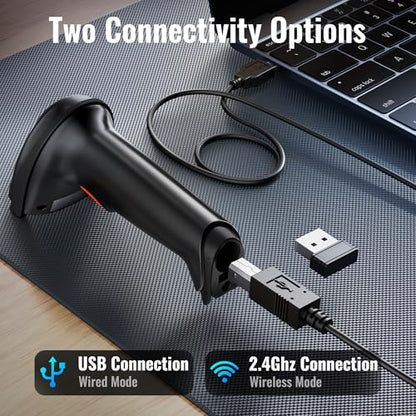 Tera Barcode Scanner with Battery Indicator: 2D Wireless, D5100, Black | USB Wired, 2.4G Wireless, 2200mAh Battery, 1D 2D QR Scanning, IP54 Protection, Retail Checkout Warehouse School PC Phone - color: 2D Black
