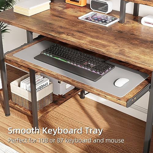 VERMESS 48Inch Computer Desk, Home Office Desks with Keyboard Tray, Gaming Desk with CPU Stand Shelf,Industrial Study Table Wide Writing Desk with Storage Shelves for 2 Monitors, Rustic Brown - color: Rustic Brown