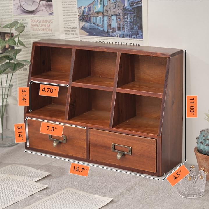 Xiaooooyez Wooden Desktop Organizer, 6 Compartments and 2 Drawers, 15.7 x 4.5 x 11 inches, Mahogany Wood Storage Cabinet