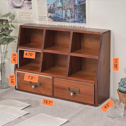 Xiaooooyez Wooden Desktop Organizer, 6 Compartments and 2 Drawers, 15.7 x 4.5 x 11 inches, Mahogany Wood Storage Cabinet