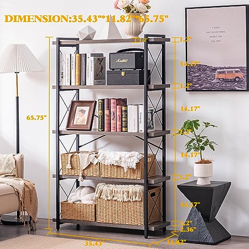 HCHQHS Bookshelf, 5-Tier Industrial Bookcase, Rustic Open Book Shelf, Freestanding Tall Bookshelves with Metal Frame - color: Grey, size: 5-Tier (35.8"W x 65.7"H)