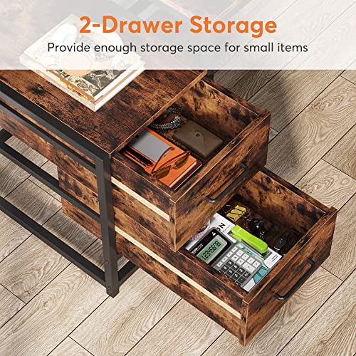 Tribesigns 55 Inch Computer Desk with 2 Drawers and Storage Shelves, Rustic Office Desk with Hutch, Study Writing Gaming Table Laptop Workstation for Home Office (Brown) - color: Brown