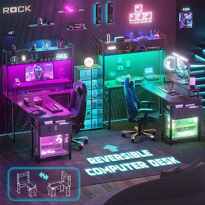 Aheaplus Small L Shaped Desk Gaming Desk with LED Lights & Power Outlets - color: Black Oak