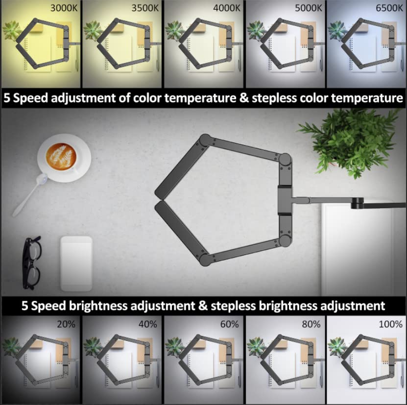 EPABINA LED Desk Lamp with Clamp, 41.5" Clamp on Architect Desk Lamp for Home Office, 24W Bright Tall Computer LED Table Light Adjustable Overhead Clip on Office Lighting for Work Craft - color: Black+9 rotatable parts