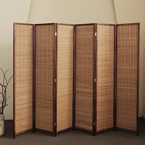 Furnnylane 6 Panel Bamboo Room Divider - 5.6 ft Tall Folding Privacy Screen for Room Separation, Natural Brown Freestanding Partition Wall for Home Office (67" H x 92.1" W) - color: Brown, size: 6 Panel