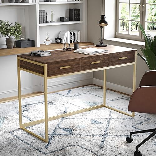 Martha Stewart Ollie Home Office Desk with 3 Drawers in Walnut Wood Grain with Polished Brass Hardware - color: Walnut Top/Polished Brass Frame