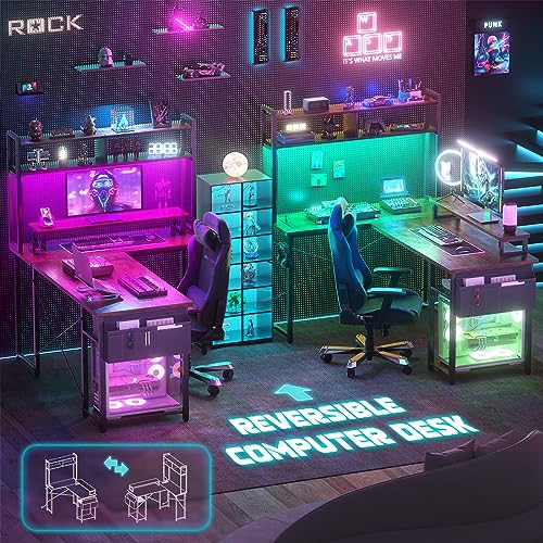 Aheaplus Small L Shaped Desk Gaming Desk with LED Lights & Power Outlets - color: Rustic Brown