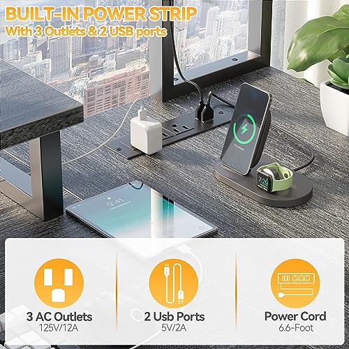 Aheaplus Small L Shaped Desk Gaming Desk with LED Lights & Power Outlets - color: White Oak