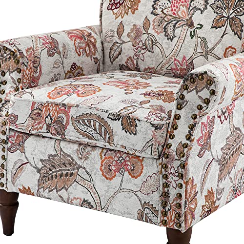 HULALA HOME Traditional Floral Accent Chair with Solid Wood Legs, Pink | Comfy Upholstered Armchair Reading Chair with Rolled Armrests, Nailhead Trim, Removable Cushion, for Living Room Bedroom - color: Pink