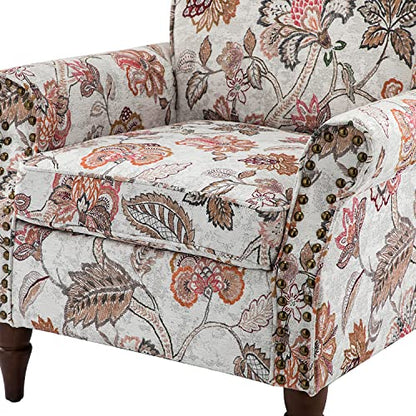 HULALA HOME Traditional Floral Accent Chair with Solid Wood Legs, Pink | Comfy Upholstered Armchair Reading Chair with Rolled Armrests, Nailhead Trim, Removable Cushion, for Living Room Bedroom - color: Pink