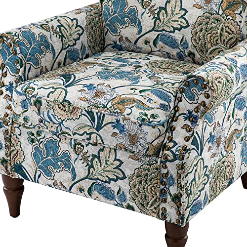 HULALA HOME Traditional Floral Accent Chair with Solid Wood Legs, Green | Comfy Upholstered Armchair Reading Chair with Rolled Armrests, Nailhead Trim, Removable Cushion, for Living Room Bedroom - color: Green