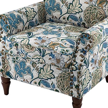 HULALA HOME Traditional Floral Accent Chair with Solid Wood Legs, Green | Comfy Upholstered Armchair Reading Chair with Rolled Armrests, Nailhead Trim, Removable Cushion, for Living Room Bedroom - color: Green