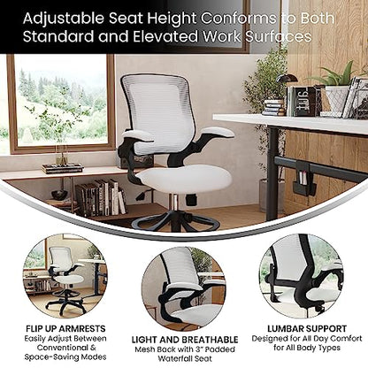 EMMA + OLIVER Mid-Back White Mesh Drafting Chair - color: White