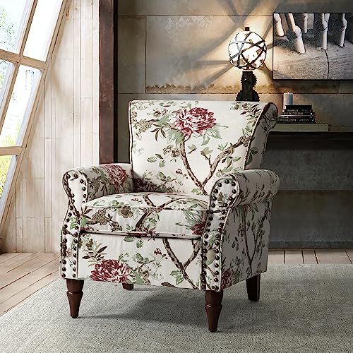HULALA HOME Traditional Floral Accent Chair with Wood Legs, Black | Comfy Upholstered Armchair Reading Chair with Rolled Armrests, Nailhead Trim, Removable Cushion, for Living Room Bedroom - color: Floral