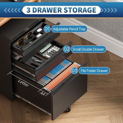3 Drawer File Cabinet with Lock and Wheels,Rolling File Cabinets with Lock,Vertical Metal Filing Cabinet for Legal/Letter/A4 File-Black/Assembly Required - color: Black, size: 3 Drawer-Mobile