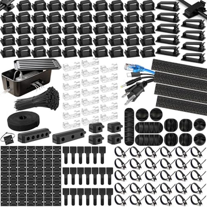 353 PCS Cable Management Kit - 1 Cable Management Box, 4 Cable Sleeve Split, 130 Adhesive Cable Clip, 17 Cable Holder, 1 Roll Cable Organizer Strap, 150 Cable Tie with 50 Mount, for Computer Desk TV
