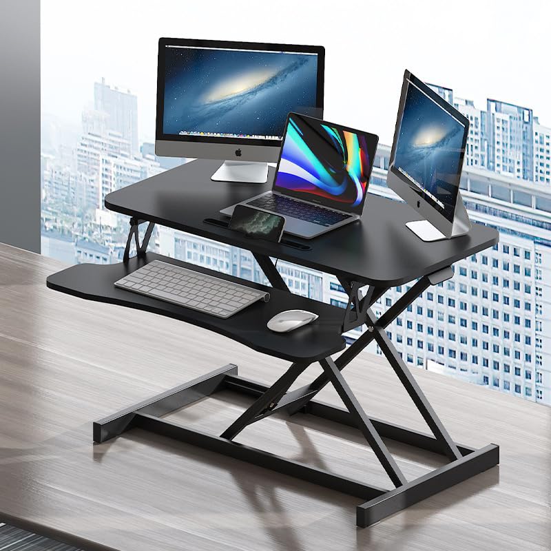 32 Inch Desk Converter, Height Adjustable Sit to Stand Riser, Dual Monitor and Laptop Workstation with Wide Keyboard Tray, Standing Computer Desk (Black) - color: Black