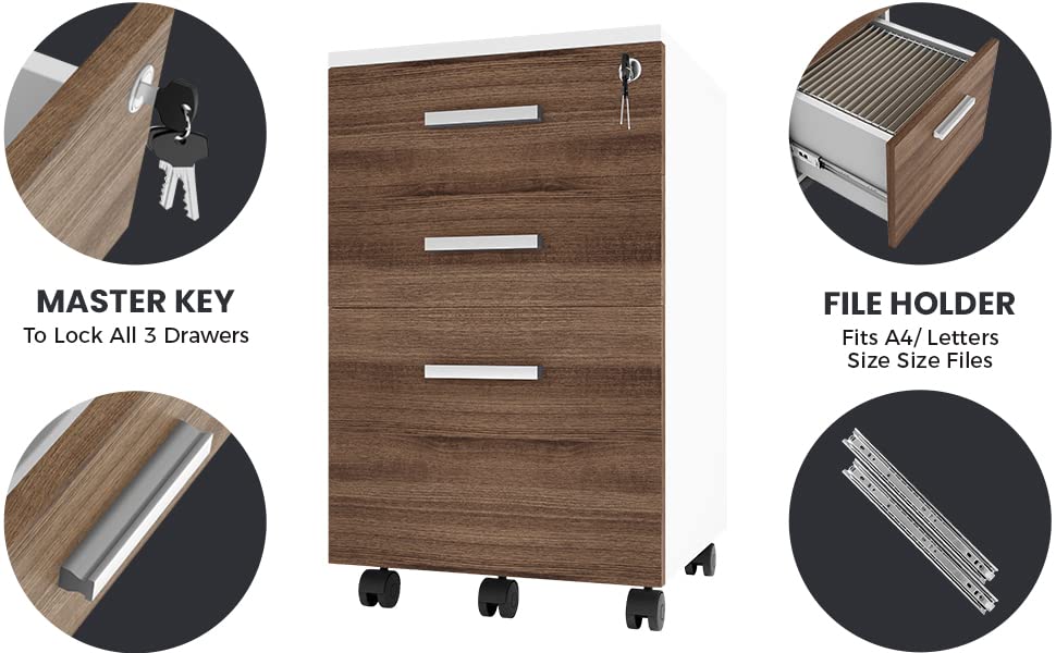 Modern Designs Lazio File Cabinet, Filing Cabinets for Home Office, Drawers for Under Desk, Locking 3 Drawer Rolling Filing Cabinet with Lock, Walnut and White, by Crafts and Comfort - color: Walnut / White
