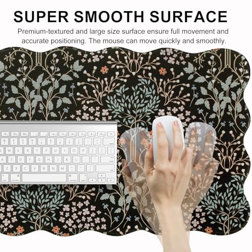 L-SPOUTTO Black Mouse Pad,Scalloped Desk Mat XXL Botanical Gaming Mousepad | 35.4x15.7in Large Non-Slip Base Keyboard Pad Waterproof Desktop Mat for Laptop Computer Game Home Office,Seamless Plants - color: Plants