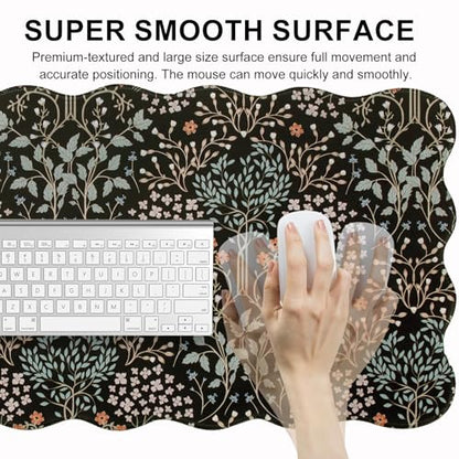 L-SPOUTTO Black Mouse Pad,Scalloped Desk Mat XXL Botanical Gaming Mousepad | 35.4x15.7in Large Non-Slip Base Keyboard Pad Waterproof Desktop Mat for Laptop Computer Game Home Office,Seamless Plants - color: Plants