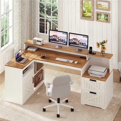 TVU Farmhouse L Shaped Desk with Drawers, 62.2" Home Office Desk with Storage Shelves and Power Outlet, L Shaped Computer Desk with Monitor Stand and Printer Shelf, Brown and White - color: Brown and White