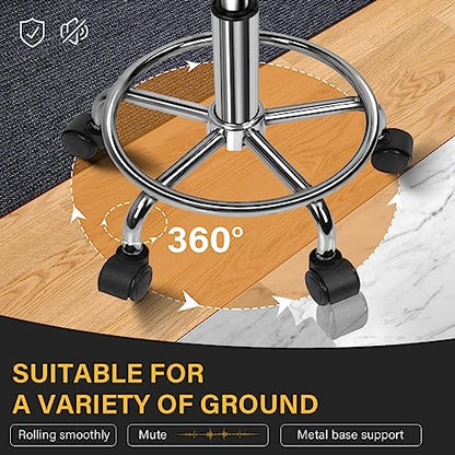 WKWKER Round Rolling Stool with Footrest PU Leather Height Adjustable 360° Swivel Stool with Wheels Office Chair Home Drafting Work Studio Shop SPA Salon Small (Grey)