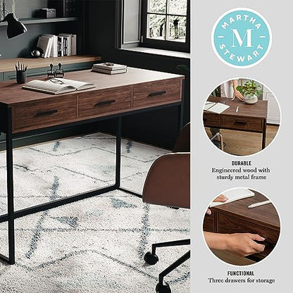 Martha Stewart Ollie Home Office Desk with 3 Drawers in Walnut Wood Grain with Oil Rubbed Bronze Hardware - color: Walnut Top/Oil Rubbed Bronze Frame