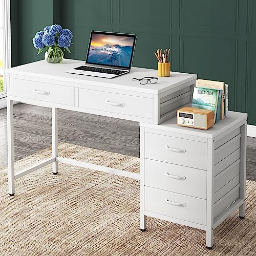 Little Tree Computer Desk with 5 Drawers, Home Office Desks with Reversible File Drawer Cabinet Printer Stand - color: White