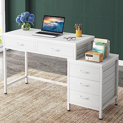Little Tree Computer Desk with 5 Drawers, Home Office Desks with Reversible File Drawer Cabinet Printer Stand - color: White
