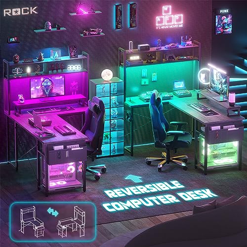 Aheaplus Small L Shaped Desk Gaming Desk with LED Lights & Power Outlets - color: White Oak