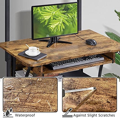 Yaheetech Small Rolling Computer Desk with Hutch and Shelves, Rustic Brown | Particle board and metal, with keyboard tray, hutch, and shelf for a monitor and tower in tight spaces, gliding on casters. - color: Rustic Brown