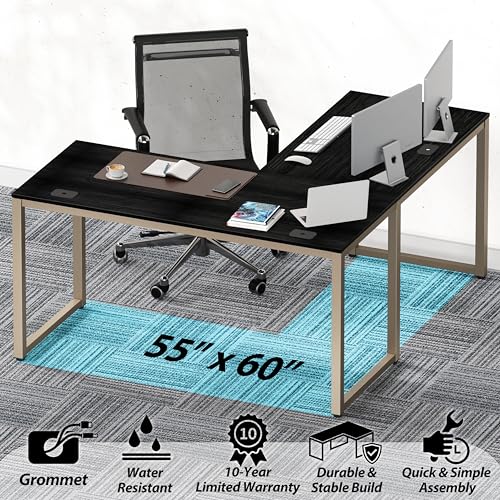 SHW 55 x 60 Commercial-Grade L-Shape Corner Office Computer Desk, Espresso - color: Espresso