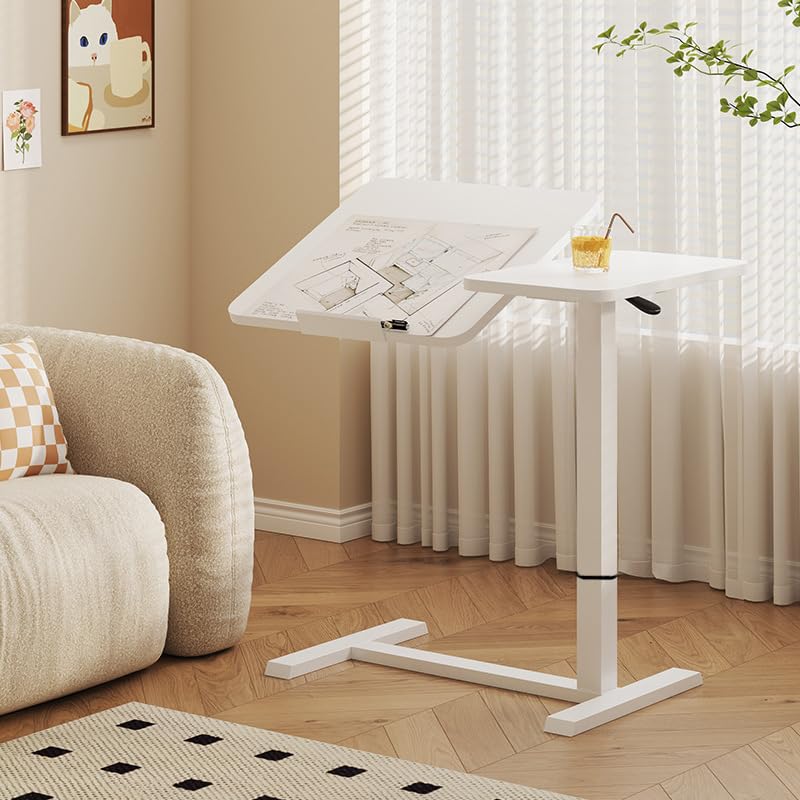 Overbed Table with Wheels, Adjustable Height Rolling Bedside Desk, Mobile Laptop Stand and Tilting Tray Table for Bed Sofa and Hospital Use (White+26-38''h) - color: White+26-38''h