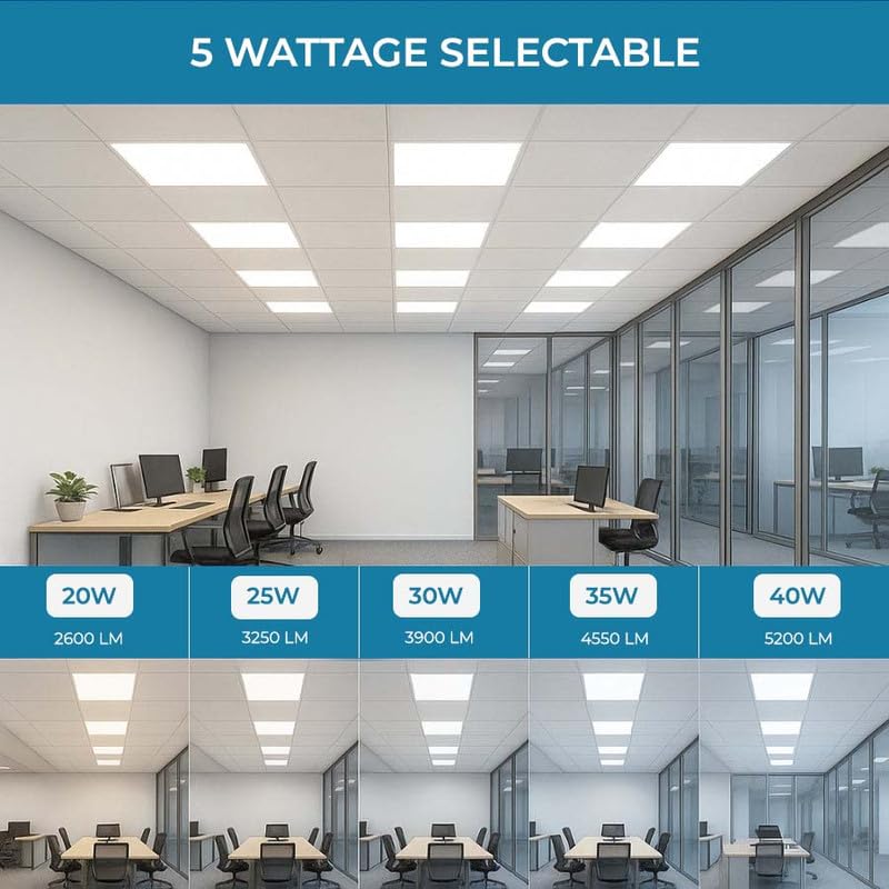 48 Pack 2x2 LED Flat Panel Light for Drop Ceiling, 5200lm Selectable 20W/25W/30W/35W/40W, Color Temperature 3000K/3500K/4000K/5000K/6500K, 0-10V Dimmable, 120-277V, ETL - size: 2x2 FT LED - 48 PACK