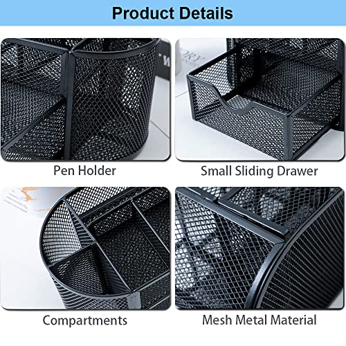Desk Organizer Stationery Storage, Pencil Holder for Desk, Wire Mesh Office Supplies Desk Accessories Workspace Organizers with 9 Compartments and Mini Drawer (Black) - style: 9 Compartments