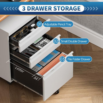 Locking File Cabinet 3 Drawers on Wheels Under Desk, Metal Filing Cabinets for Home Office, A4, Letter-Size Files, Hanging File Folders-White - color: White, size: 3 Drawer-on wheels
