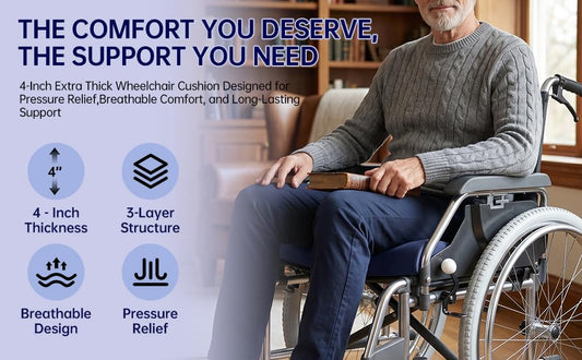 Wheelchair Seat Cushion, Navy, 4'' Thick Memory Foam & Gel - color: Navy