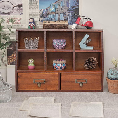 Xiaooooyez Wooden Desktop Organizer, 6 Compartments and 2 Drawers, 15.7 x 4.5 x 11 inches, Mahogany Wood Storage Cabinet