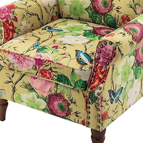 HULALA HOME Traditional Floral Accent Chair with Solid Wood Legs, Mustard | Comfy Upholstered Armchair Reading Chair with Rolled Armrests, Nailhead Trim, Removable Cushion, for Living Room Bedroom - color: Mustard