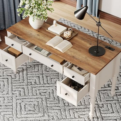 WAMPAT Home Office Furniture Set, 56" Executive Desk with Charging Station, Farmhouse Cabinet with Glass Doors, Wood Computer Desk with File Cabinet Storage, Open Shelf, White - color: White