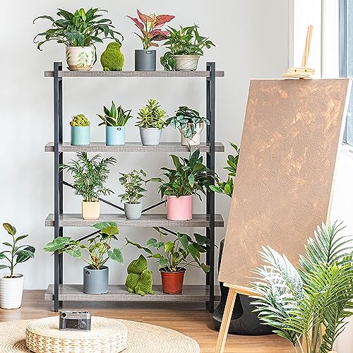 HCHQHS Bookshelf, 4-Tier Industrial Bookcase, Rustic Open Book Shelf, Freestanding Tall Bookshelves with Metal Frame - color: Grey, size: 4-Tier (35.8"W x 51.2"H)
