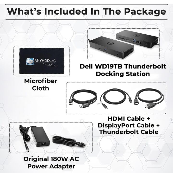 Dell WD19TB 180W Dock Bundle, 130W PD, Dual 4K + HDMI + DP + TB Cables + Cloth, Black - style: WD19TB New