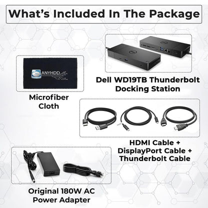 Dell WD19TB 180W Dock Bundle, 130W PD, Dual 4K + HDMI + DP + TB Cables + Cloth, Black - style: WD19TB New
