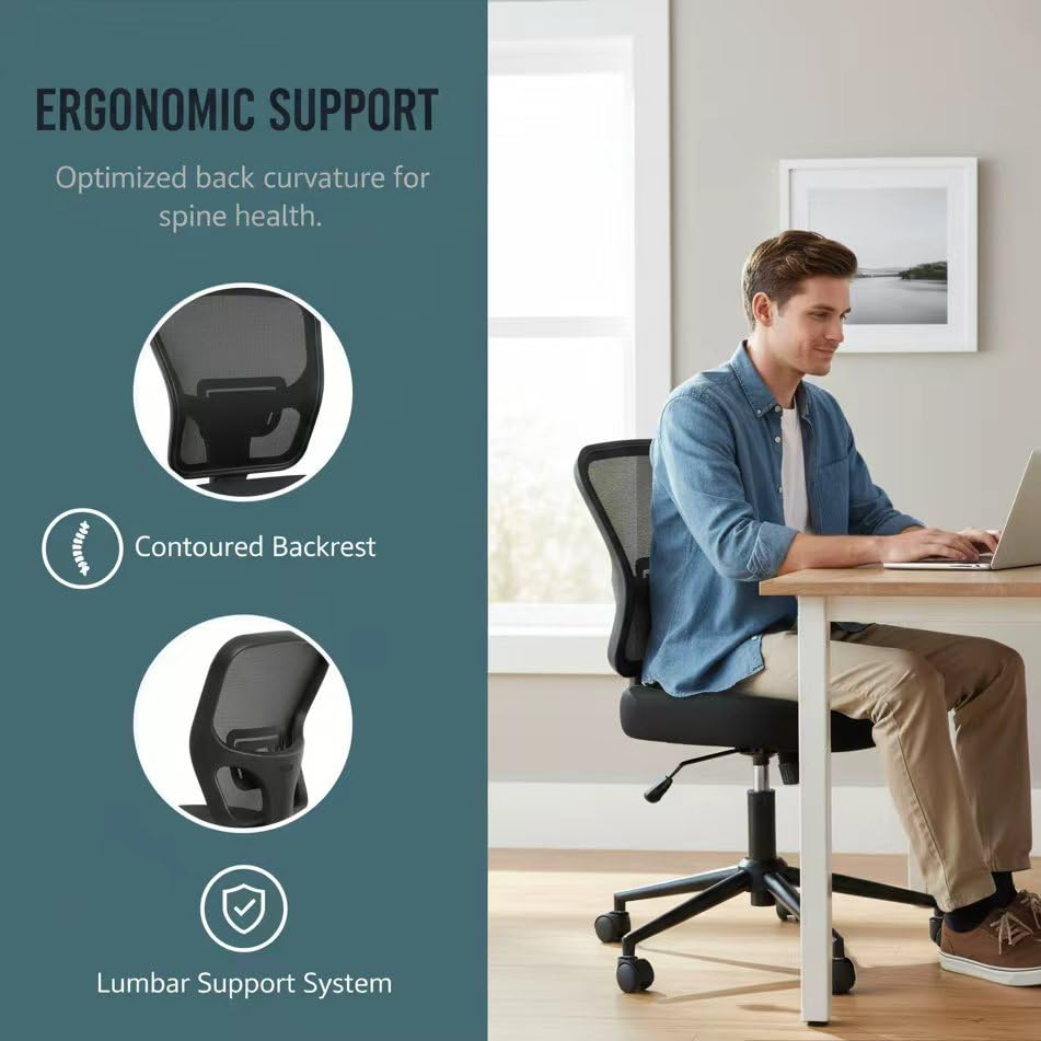 Armless Office Desk Chair Height Adjustable, Ergonomic High Back Mesh Task Chair, Rolling Office Stool for Small Spaces, Computer, Study,Sewing & Drafting - Black