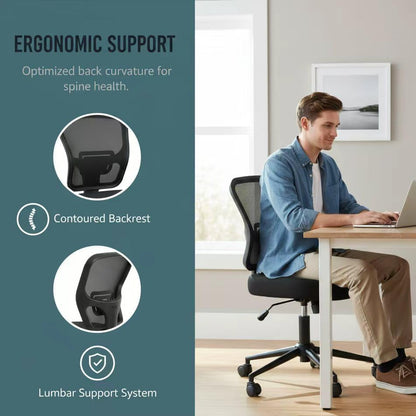 Armless Office Desk Chair Height Adjustable, Ergonomic High Back Mesh Task Chair, Rolling Office Stool for Small Spaces, Computer, Study,Sewing & Drafting - Black