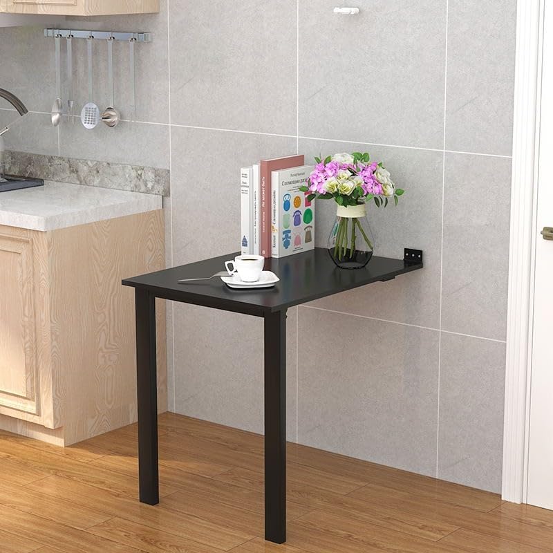 Wall Mounted Folding Table 29.5x15.7 inch, Drop-Leaf Dining Table for Small Spaces, E0-Grade Solid Wood Murphy Table with 132lbs Capacity, Space-Saving Desk for Kitchen Office (Black) - color: Black