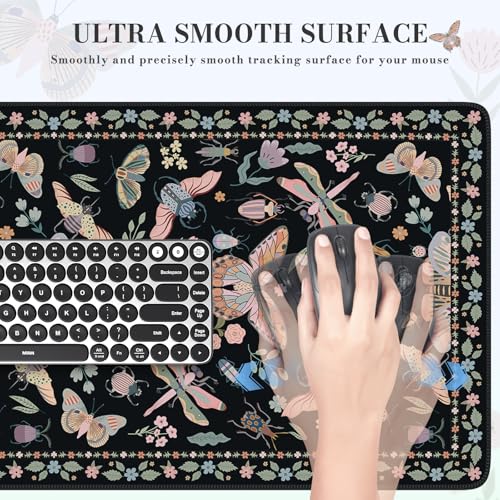 iCasso Black Large Mouse Pad, Desk Matt for Desktop, Insects | XXL Desk Mat for Keyboard and Mouse, Anti-Slip Big Mousepad Computer Mat with Stitched Edges - color: Insect-black