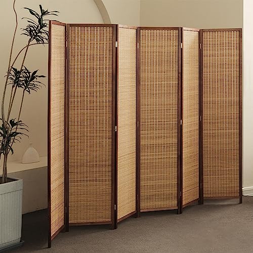Furnnylane 6 Panel Bamboo Room Divider - 5.6 ft Tall Folding Privacy Screen for Room Separation, Natural Brown Freestanding Partition Wall for Home Office (67" H x 92.1" W) - color: Brown, size: 6 Panel